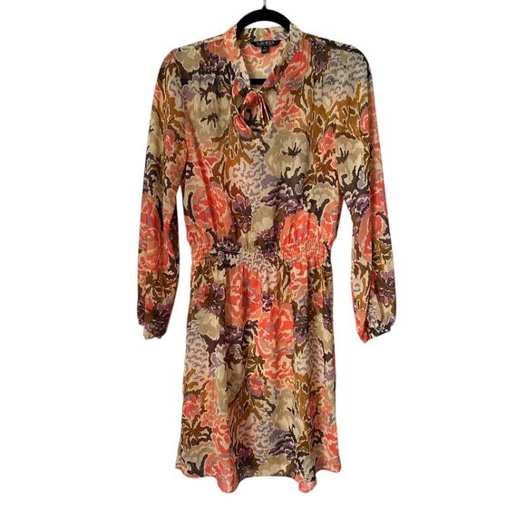 Lauren Ralph Lauren Dress Size 6 Tie Neck Spring Floral Chiffon Long Sleeve - Picture 1 of 13